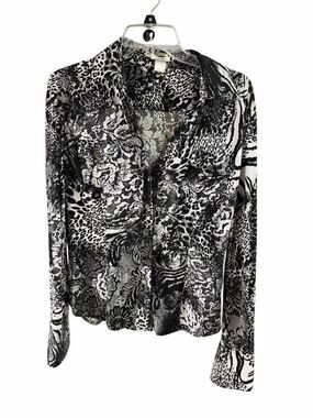 CACH’E Vintage Women’s Small Black White Animal Floral Print Button Blouse